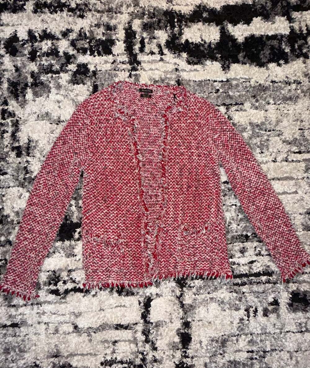 Massimo Dutti Red and White Textured Tweed Cardigan with Frayed Hem